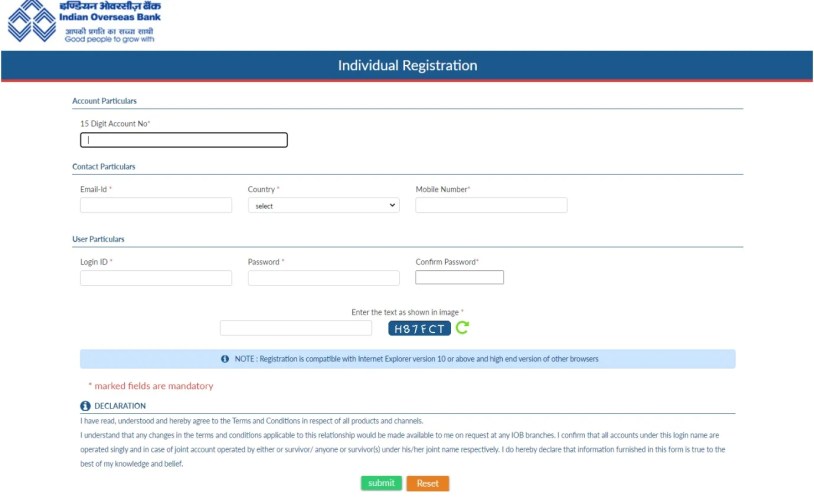 IOB Net Banking Registration