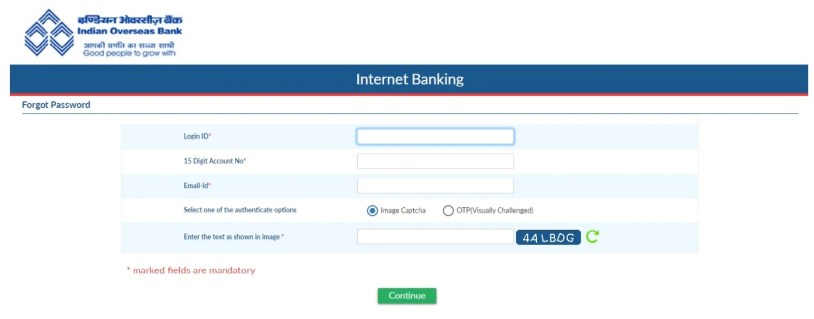 Reset IOB Net Banking Password